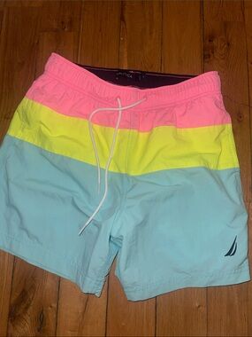 Nautica Men’s Pink, Yellow & Light Blue Colorblock Swim Trunks